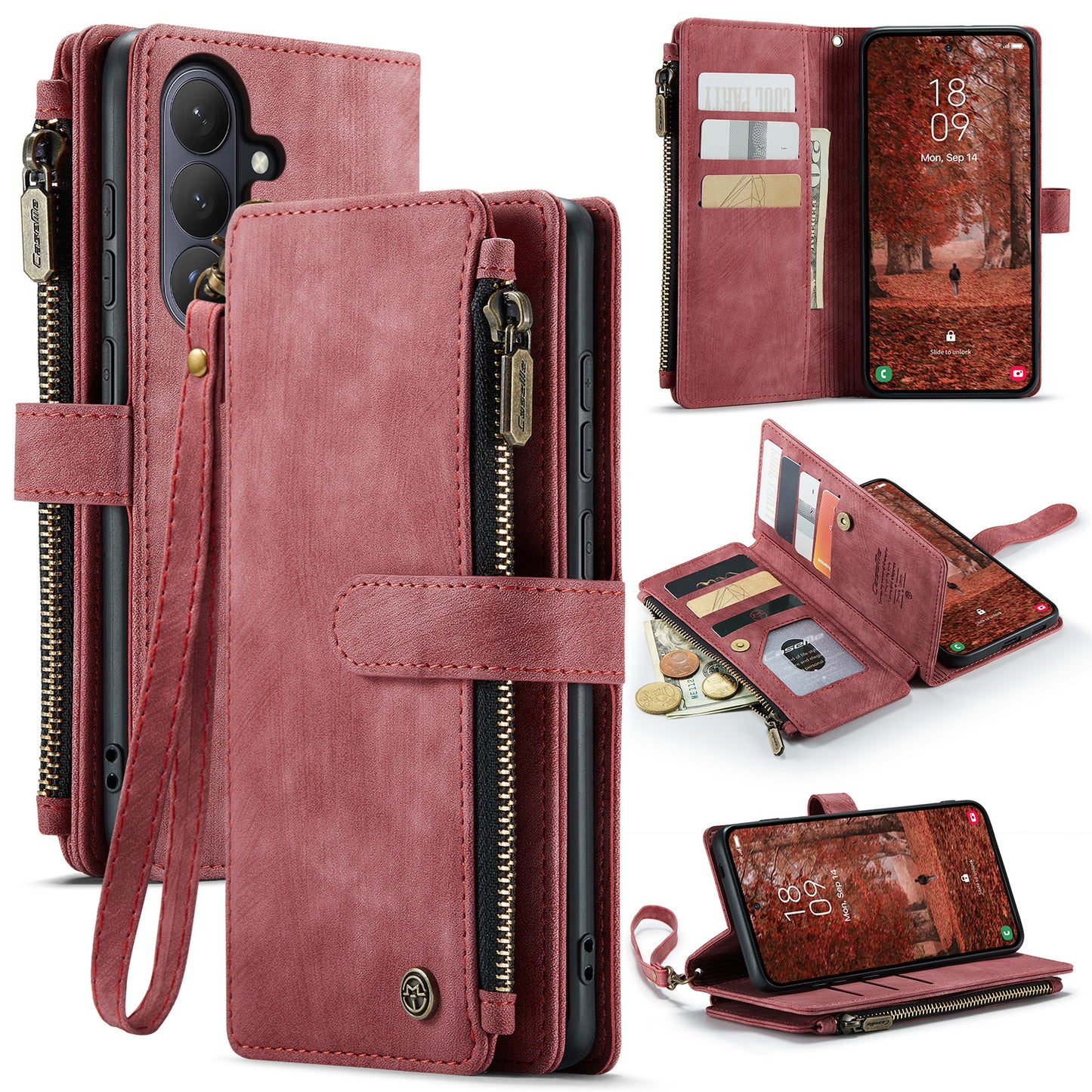 CASEME For Samsung Galaxy S26 Phone Cases with Strap C30 Zipper Multiple Card Holder PU Leather Cover