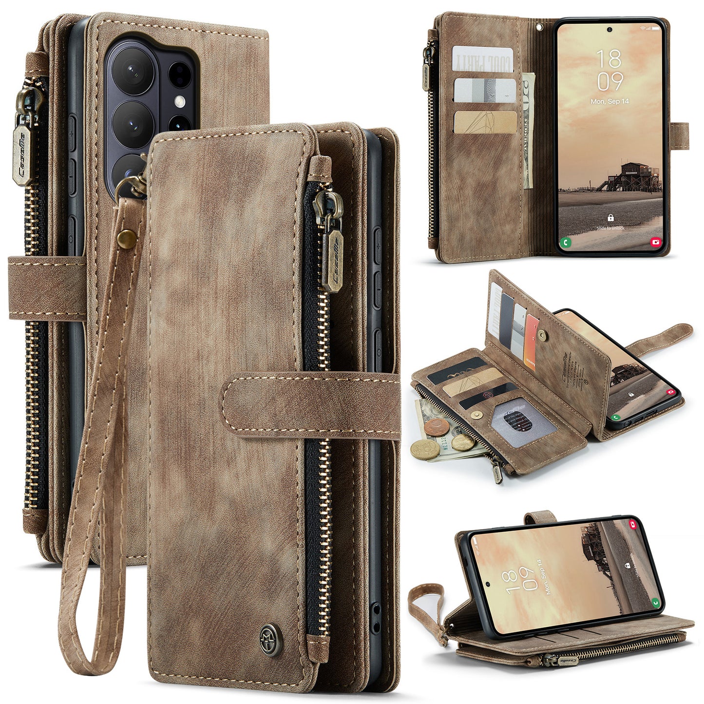 CASEME For Samsung Galaxy S26 Ultra Phone Cases with Strap C30 Zipper Multiple Card Holder PU Leather Cover
