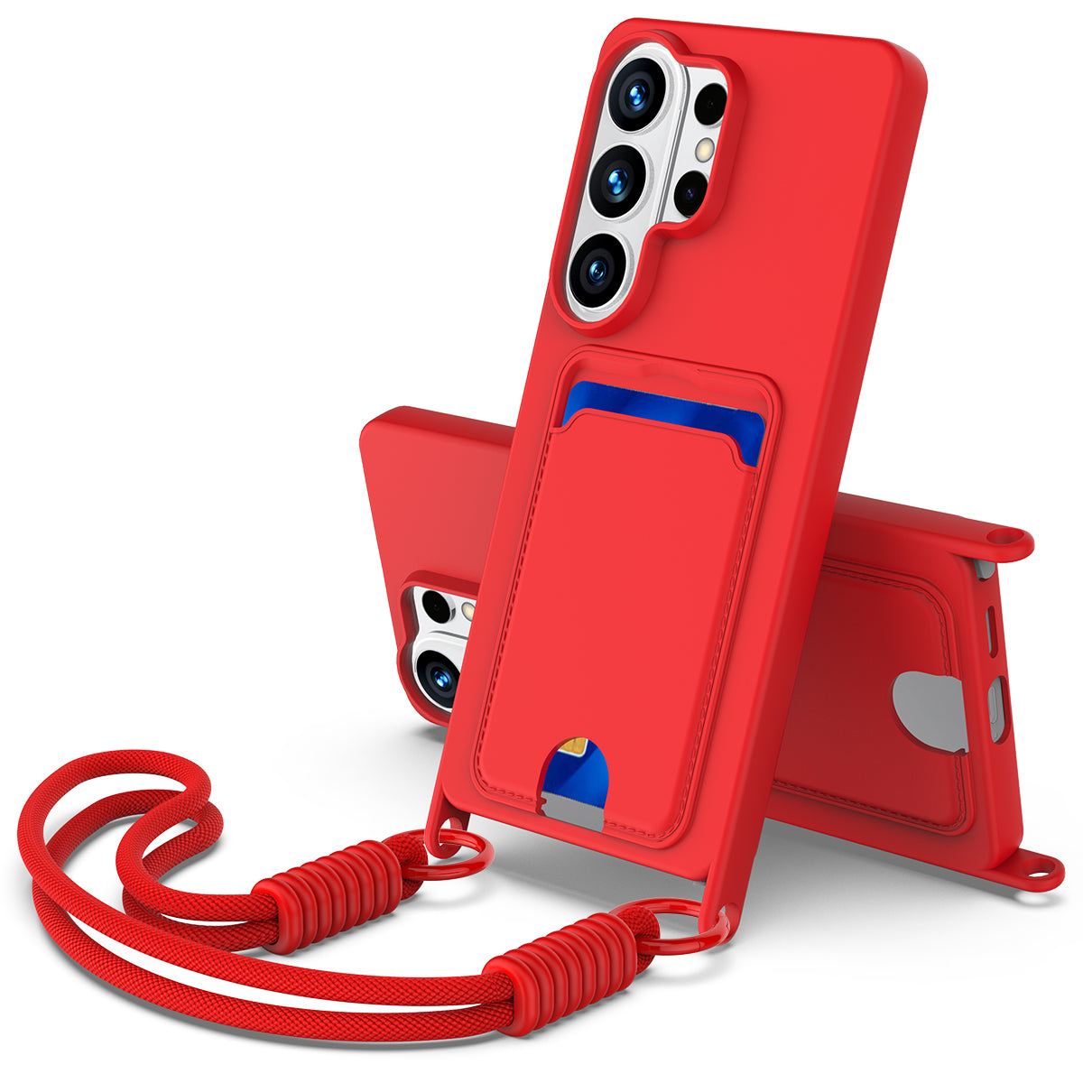 For Samsung Galaxy S26 Ultra Liquid Silicone Case Phone Back Cover with Card Holder and Short Strap