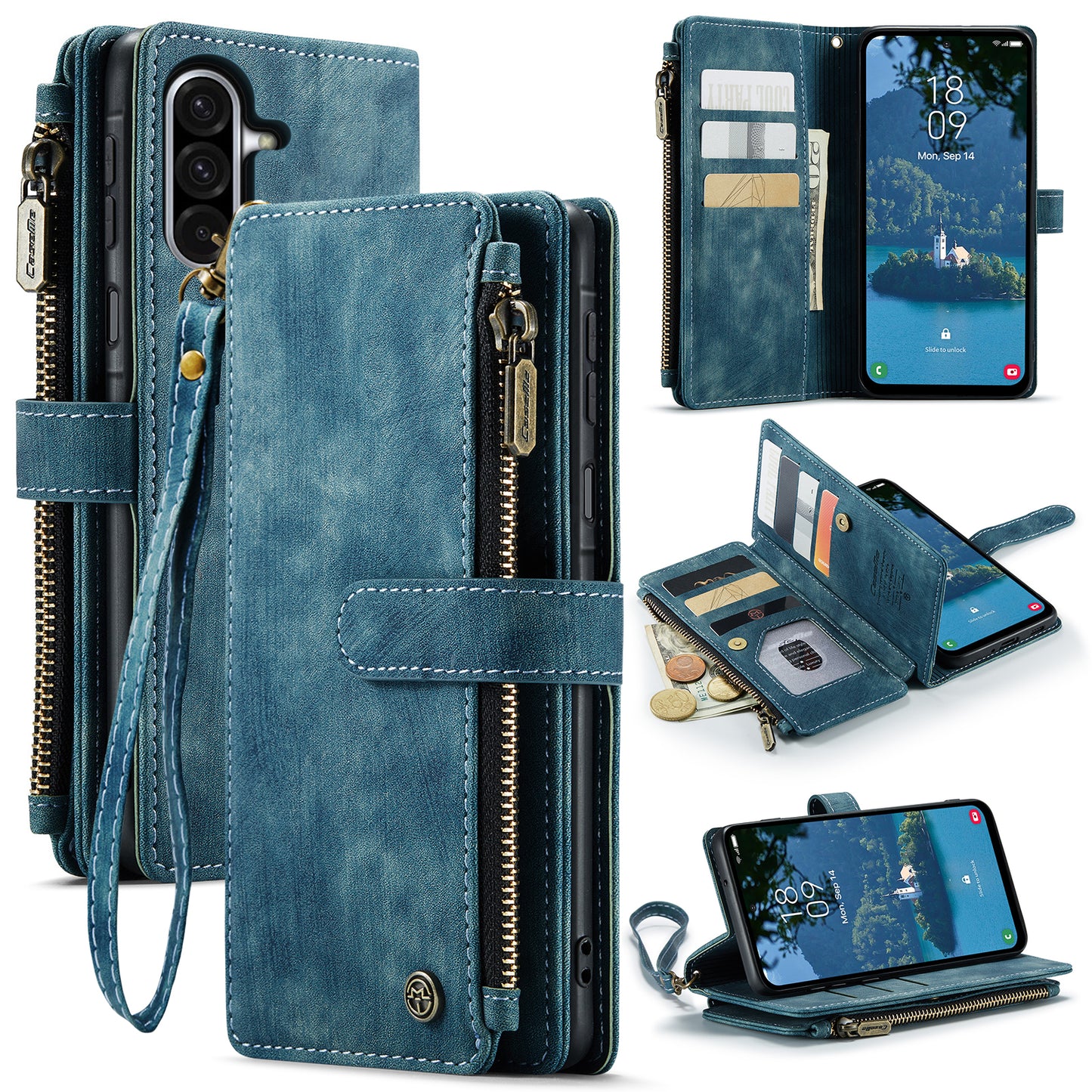 CASEME For Samsung Galaxy A37 5G Phone Cases with Strap C30 Zipper Multiple Card Holder PU Leather Cover