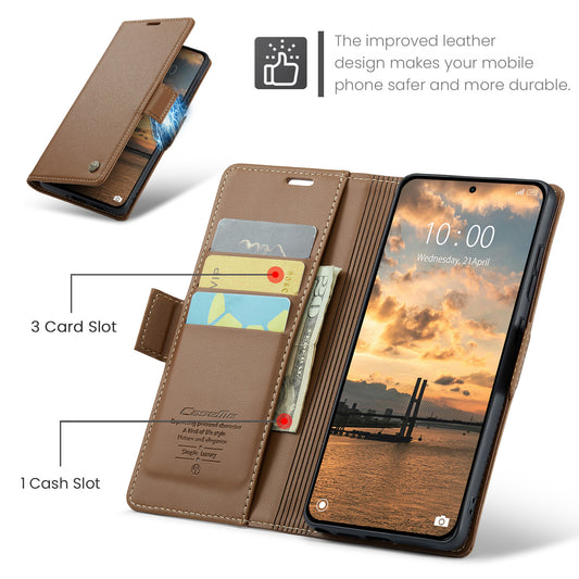 Xiaomi Redmi Note 15 Pro 5G (Global) Handyhülle – CASEME 023 Series RFID-blockierende Brieftasche mit Ständer, glänzende Litchi-Textur-Leder