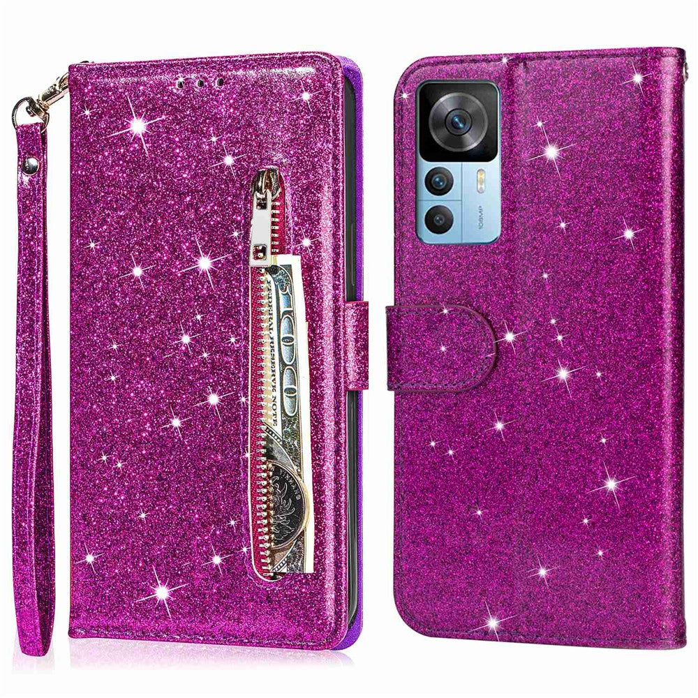 For Xiaomi 12T 5G / 12T Pro 5G / Redmi K50 Ultra 5G Zipper Pocket Glittery PU Leather Shockproof Case Magnetic Clasp Flip Phone Wallet Stand Cover