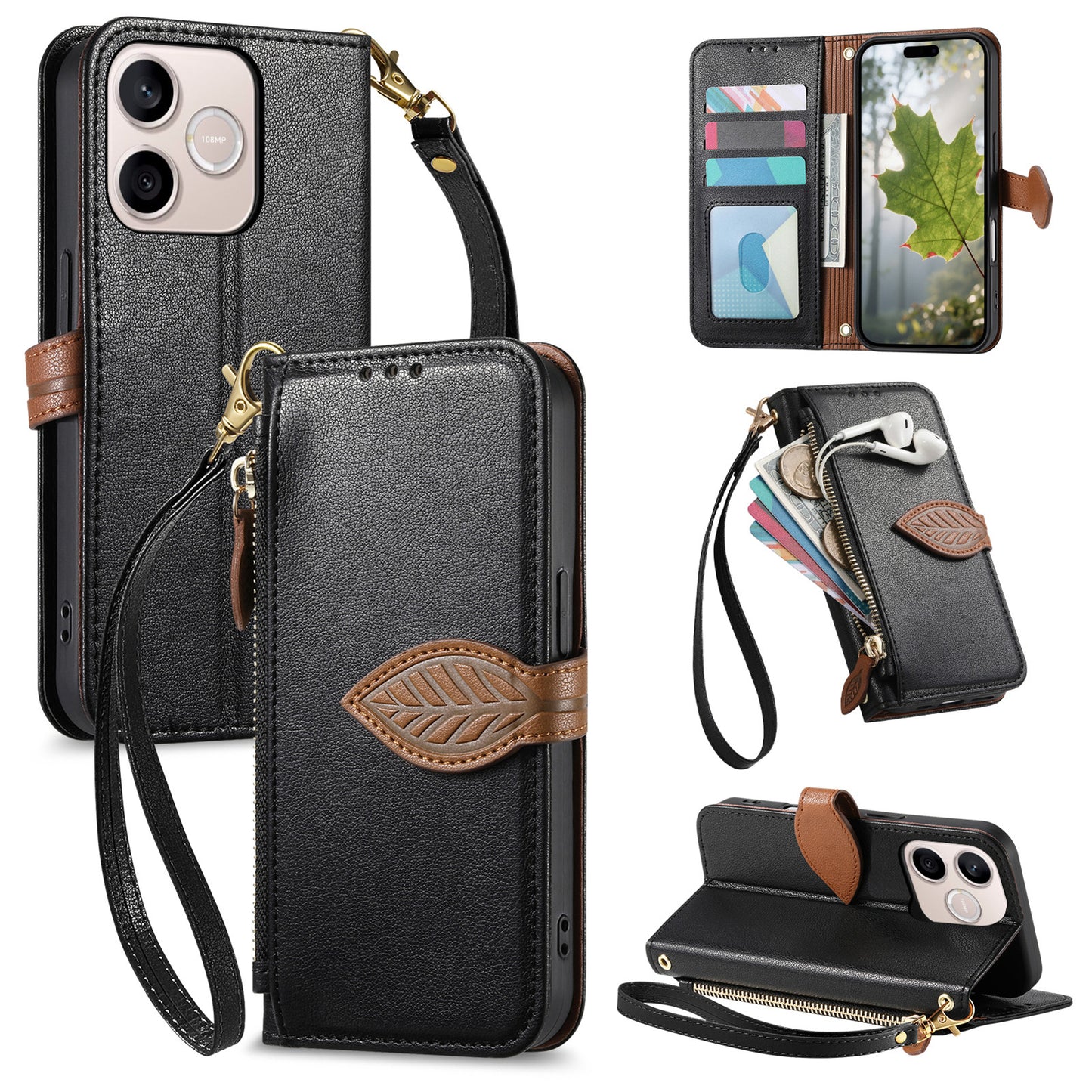 For Honor 600 Lite 5G Stand Case Leaf Shape Magnetic Clasp Leather Phone Cover with Hand Strap