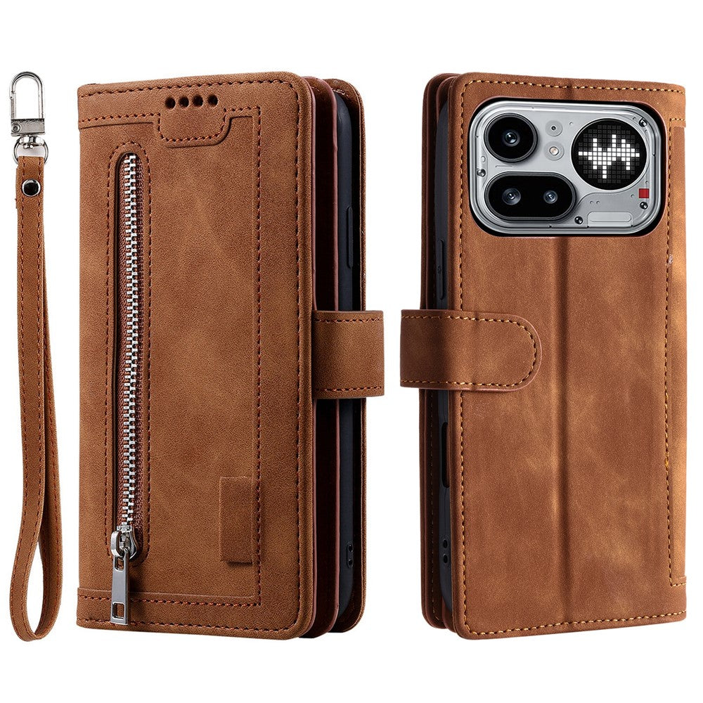 For Nothing Phone (4a) Pro Phone Case 9 Card Slots Zipper Wallet PU Leather Phone Cover with Wrist Strap