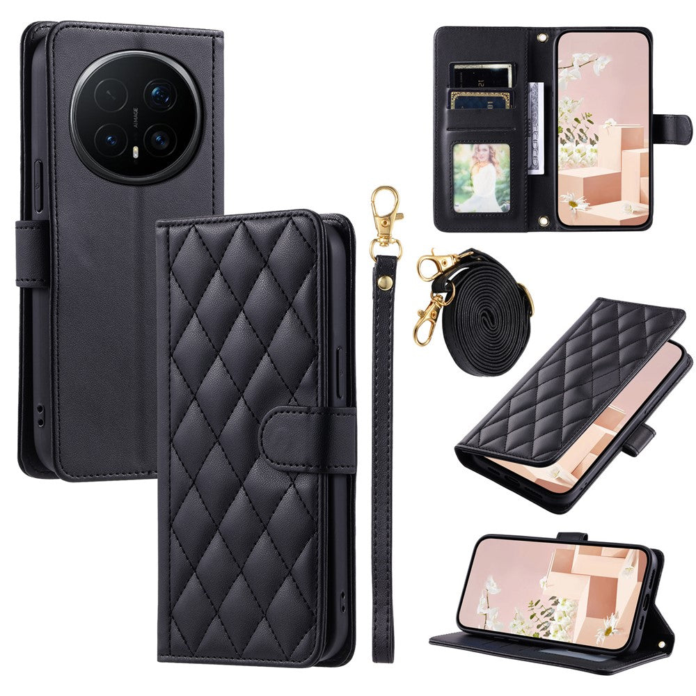 For Honor Magic8 5G PU Leather Case Wallet Rhombus Grid Phone Cover with Shoulder Strap / Wrist Strap