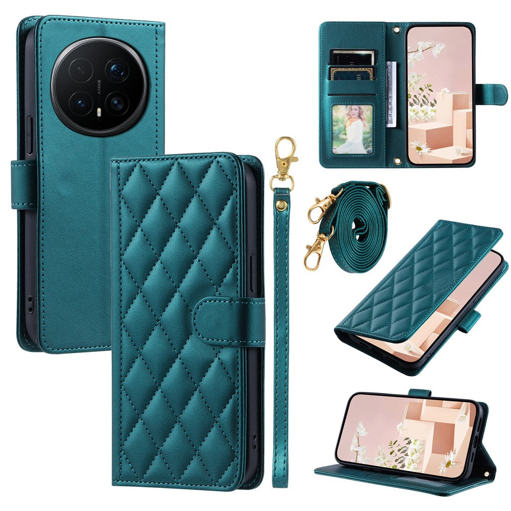 For Honor Magic8 Pro 5G PU Leather Case Wallet Rhombus Grid Phone Cover with Shoulder Strap / Wrist Strap