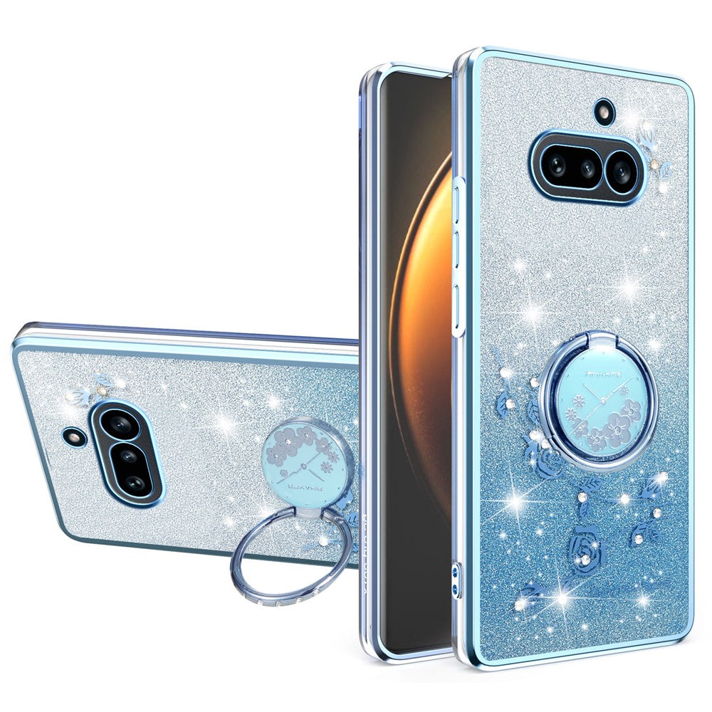 KADEM For Nothing Phone (4a) Phone Case Ring Kickstand TPU Flowers Phone Cover Gradient Glitter