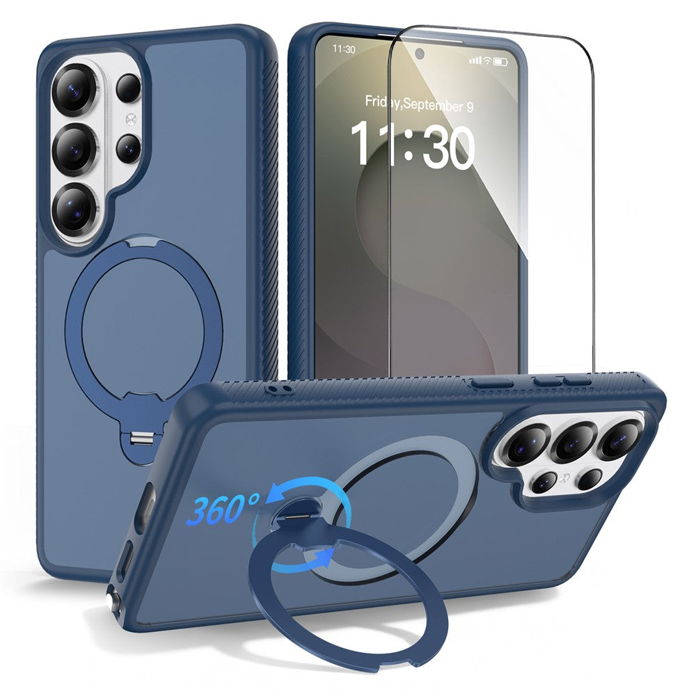 For Samsung Galaxy S26 Ultra Magnetic Case Matte Liquid Silicone TPU Shockproof Phone Cover with Kickstand and Tempered Glass
