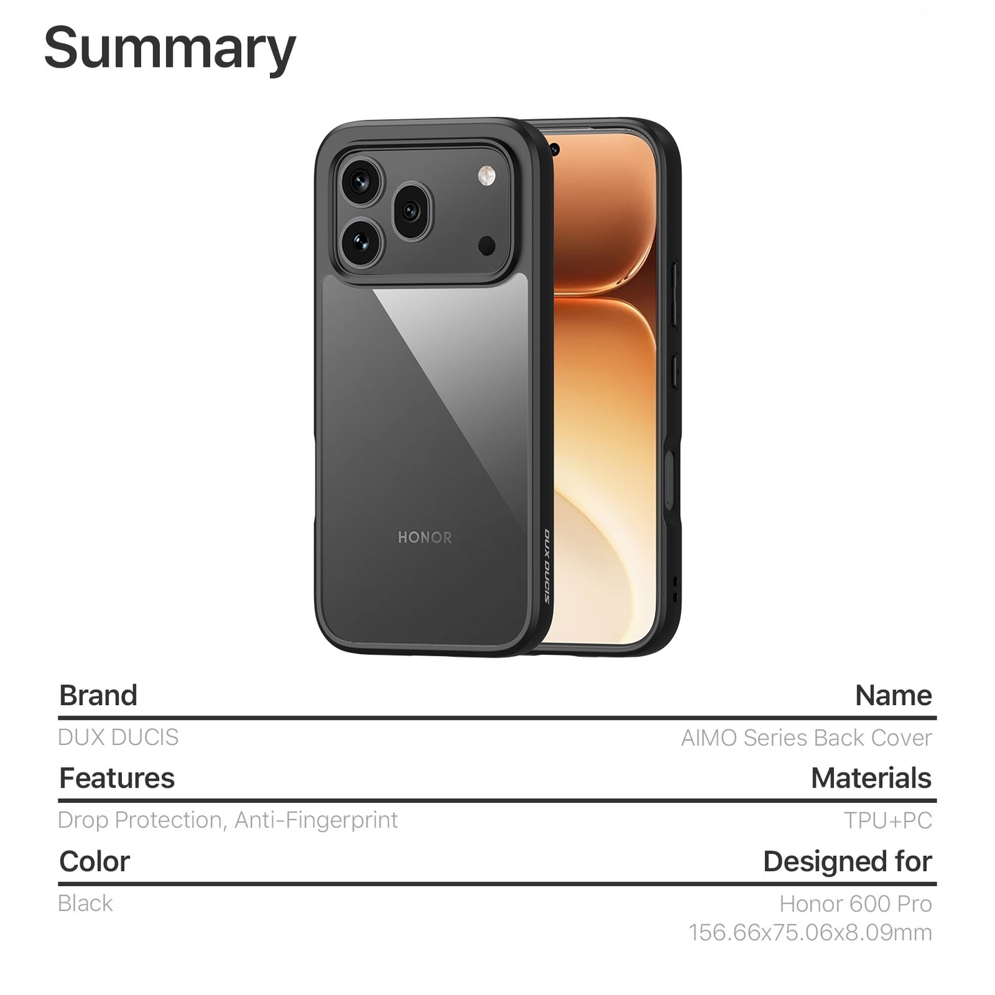 Dux Ducis For Honor 600 Pro 5G / Honor 600 5G Aimo Series PC + TPU Clear Back Phone Cover (REACH Certification)