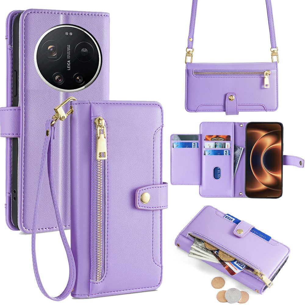 For Xiaomi 17 Ultra 5G Leather Case Zipper Pocket Wallet Phone Cover with 2 Straps