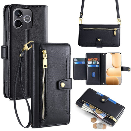Honor 600 Lite 5G Handyhülle – Ledertasche mit Reißverschlusstasche und 2 Riemen