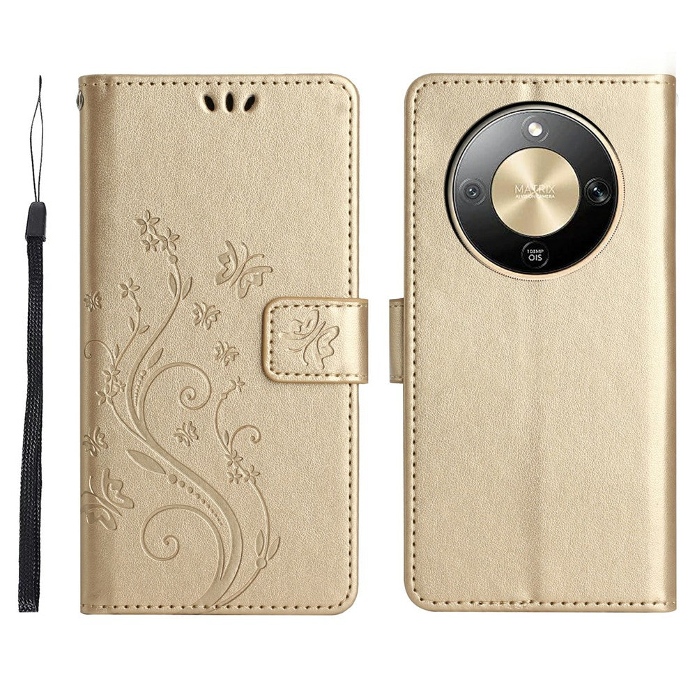 For Honor X70 5G / X9d 5G / Magic8 Lite 5G Leather Wallet Case Butterfly Flower Imprinted Phone Cover with Strap
