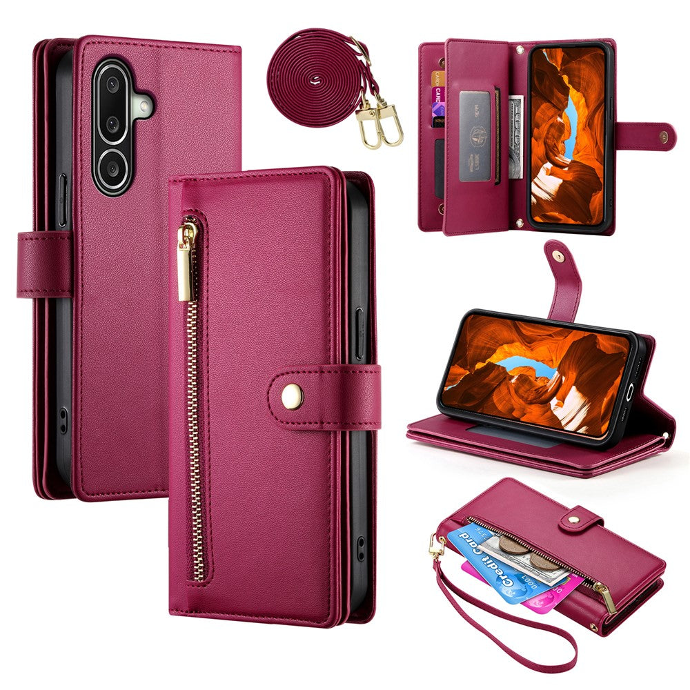 For Samsung Galaxy A27 5G Leather Case Zipper Pocket Wallet Phone Cover with Straps