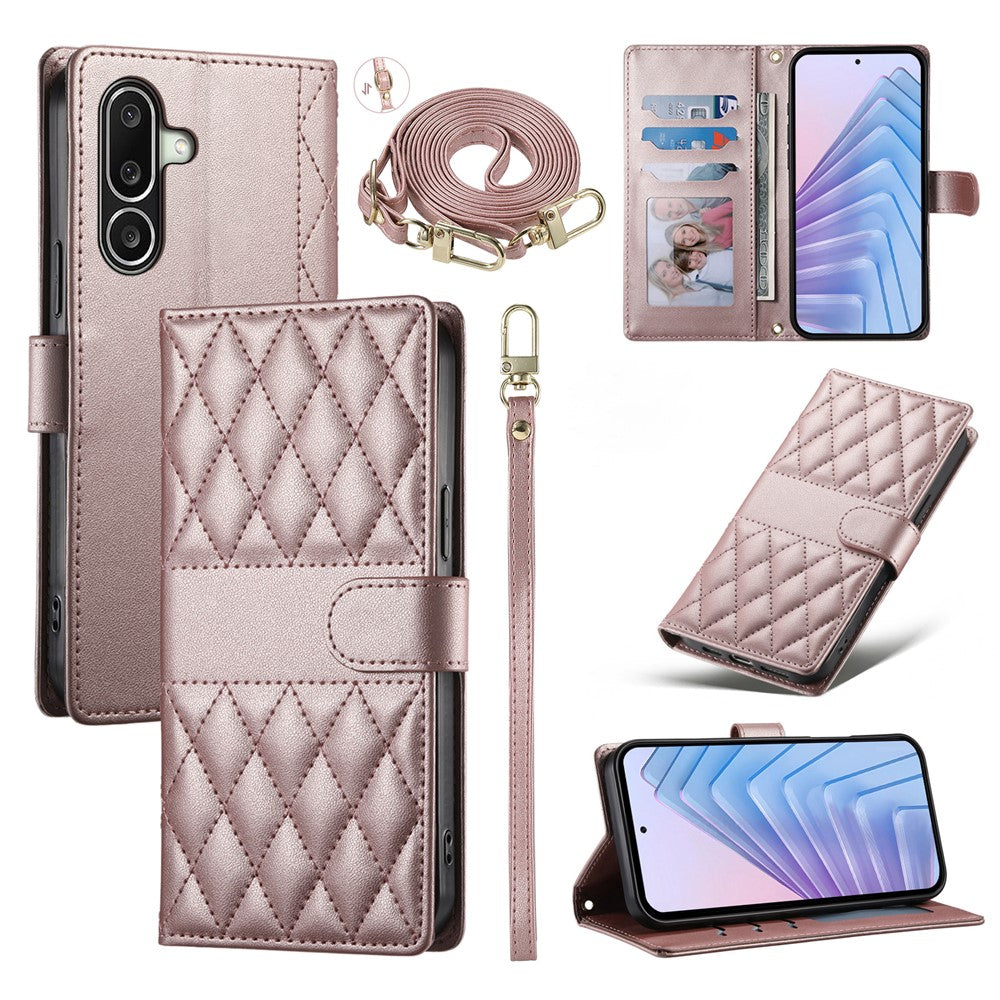 For Samsung Galaxy A27 5G Wallet Case Rhombus Stitching Stand Leather Phone Cover with Long / Short Strap