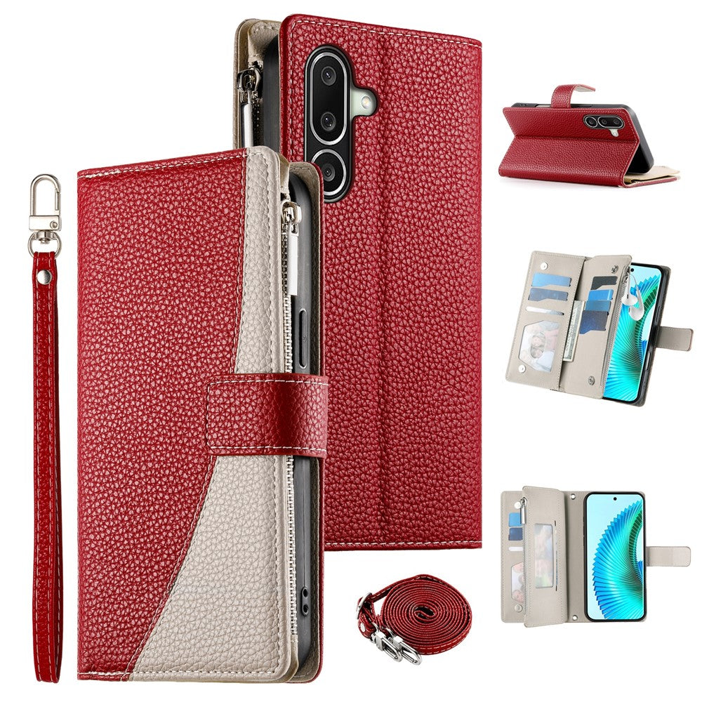 For Samsung Galaxy A27 5G Leather Case Zipper Wallet Color Splicing Flip Phone Cover with Straps