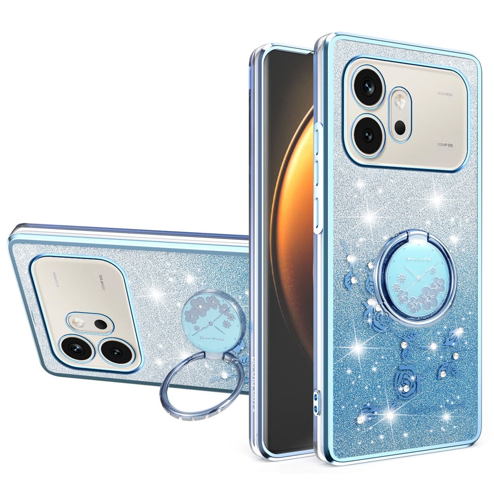 KADEM For Honor 600 5G Phone Case Ring Kickstand TPU Flowers Phone Cover Gradient Glitter