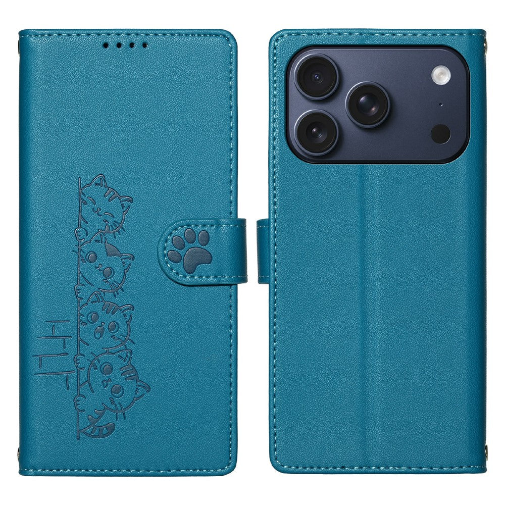 For iPhone 18 Pro / 17 Pro Case Adorable Cat Pattern PU Leather Wallet Phone Cover with Wrist Strap