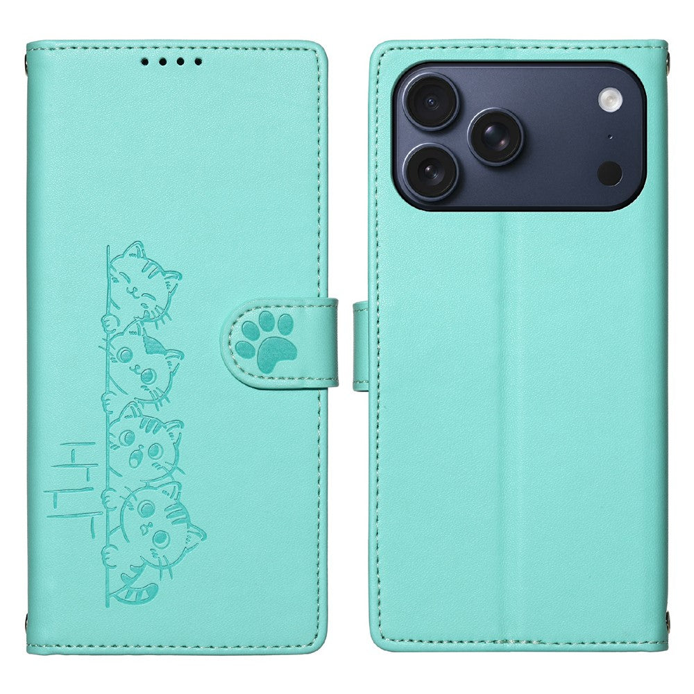 For iPhone 18 Pro Max / 17 Pro Max Case Adorable Cat Pattern PU Leather Wallet Phone Cover with Wrist Strap