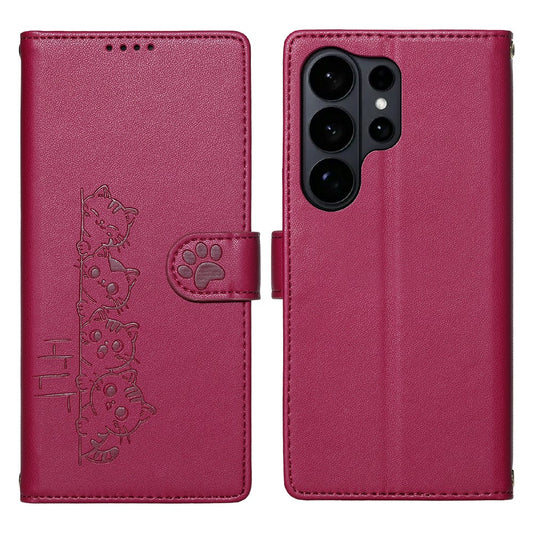 Galaxy S26 Ultra Handyhülle – Entzückendes Katzenmuster PU-Leder-Geldbörsen- mit Handschlaufe