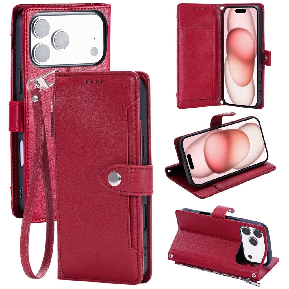 Wallet Case for iPhone 18 Pro Max / 17 Pro Max Litchi Texture Zipper Pocket Stand Leather Flip Phone Cover with Wrist Strap