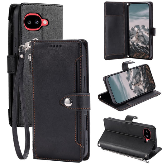 Google Pixel 10a Handyhülle – Wallet Case Litschi-Textur Reißverschlusstasche Ständer Leder Flip mit Handschlaufe