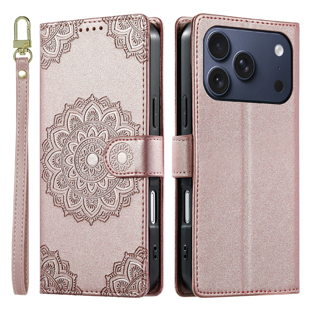 For iPhone 18 Pro / 17 Pro Case Embossed Totem Leather Flip Wallet Phone Cover with Wrist Strap