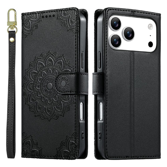 For iPhone 18 Pro Max / 17 Pro Max Case Embossed Totem Leather Flip Wallet Phone Cover with Wrist Strap