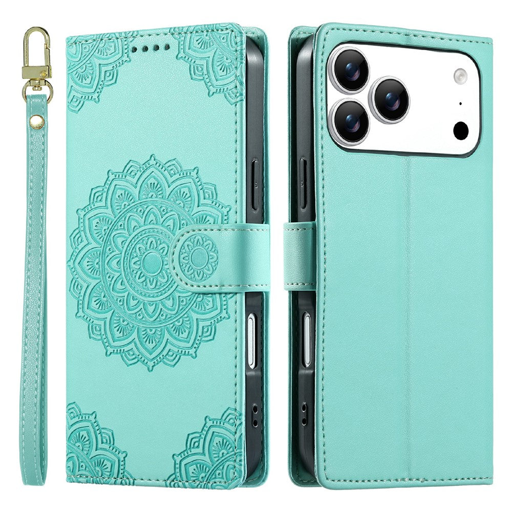 For iPhone 18 Pro Max / 17 Pro Max Case Embossed Totem Leather Flip Wallet Phone Cover with Wrist Strap
