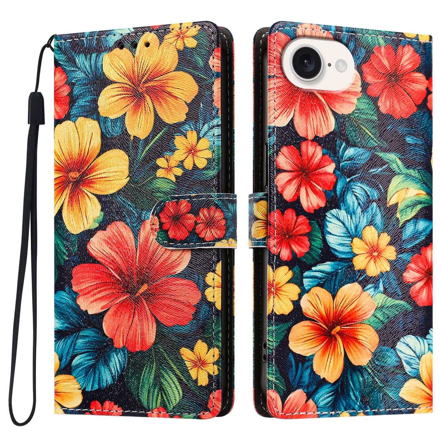 For iPhone 16e / iPhone 17e Case Pattern Printed PU Leather Flip Wallet Phone Cover with Wrist Strap