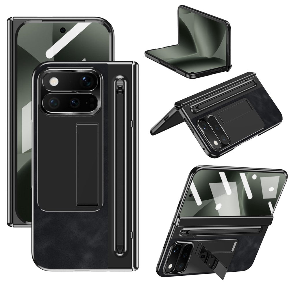 For Google Pixel 11 Pro Fold Case Pen Slot Leather + PC Kickstand Phone Cover with Tempered Glass Film, Stylus