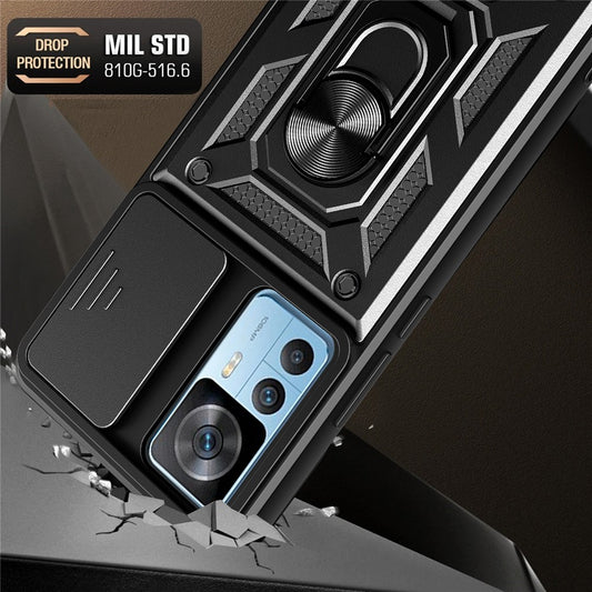 Xiaomi 12T Pro 5G Handyhülle – Freisprech-Ringhalter Kickstand PC + TPU-Schutzrückseite mit verschiebbarem Kameraschutz