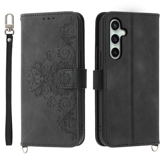 Galaxy S26 FE Handyhülle – Brieftaschenetui mit Blumenmuster aus PU-Leder mit Riemen