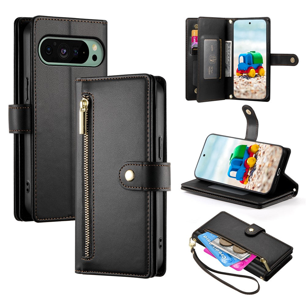 For Google Pixel 11 / 11 Pro Leather Case Zipper Pocket Wallet Phone Cover with Straps