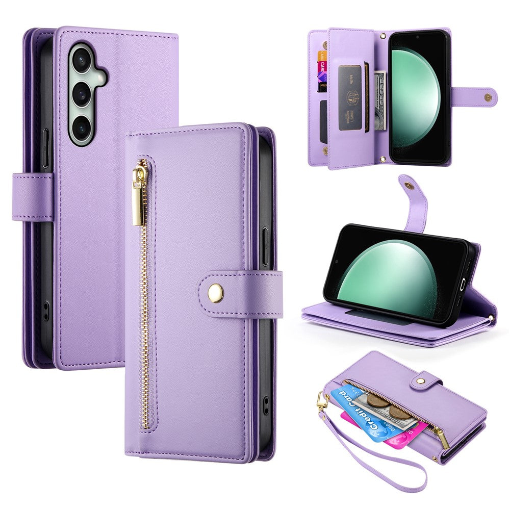 For Samsung Galaxy S26 FE Leather Case Zipper Pocket Wallet Phone Cover with Straps