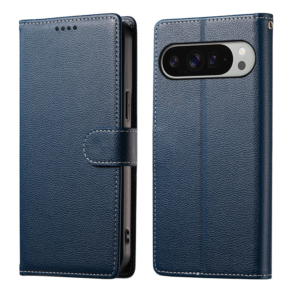For Google Pixel 11 Pro XL Case Magnetic Snap Litchi Texture Leather Wallet Phone Cover with Wrist Strap