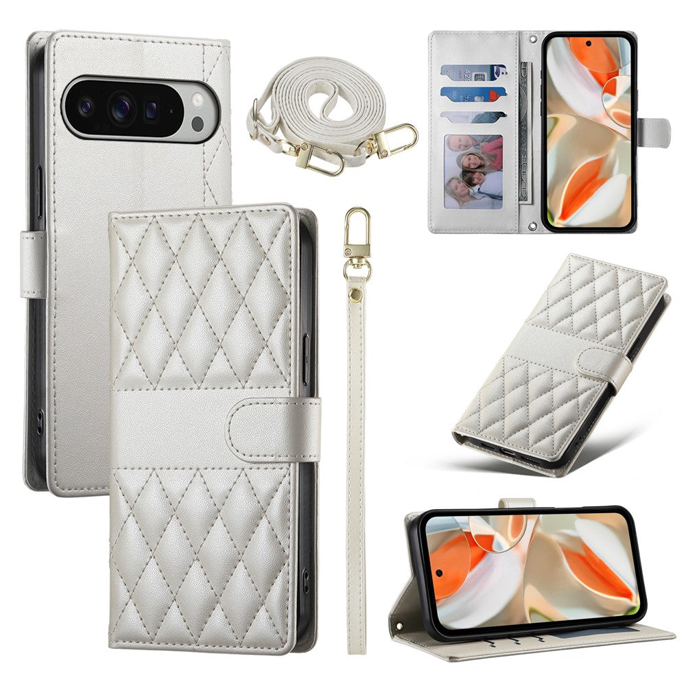 For Google Pixel 11 Pro XL Wallet Case Rhombus Stitching Stand Leather Phone Cover with Long / Short Strap