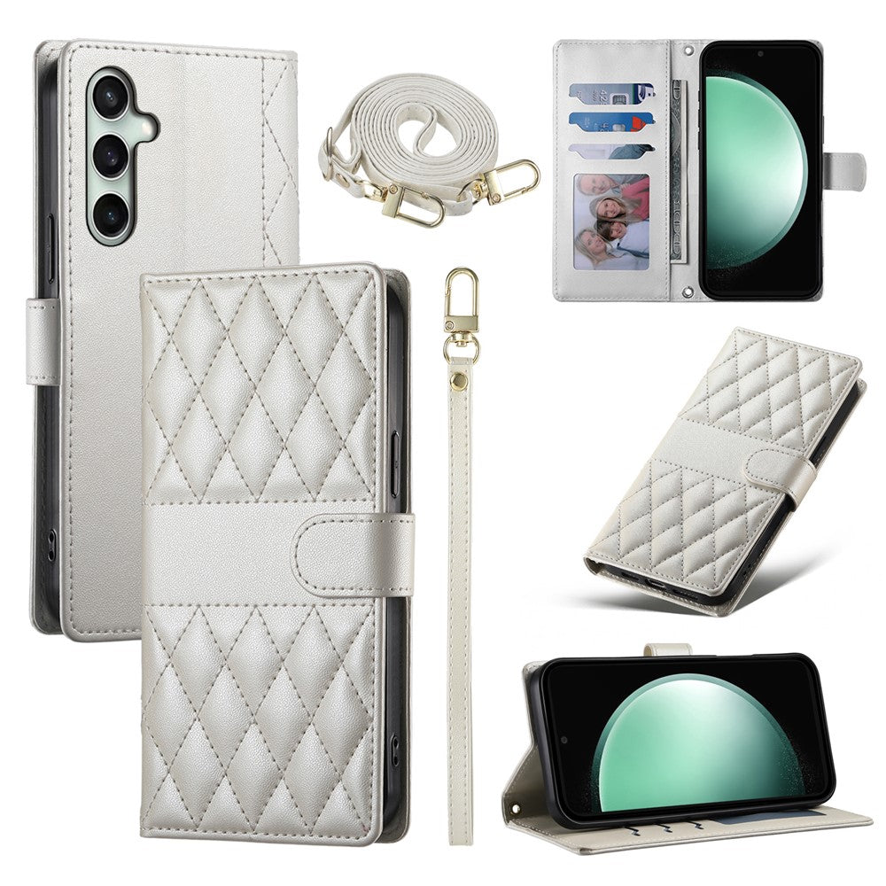 For Samsung Galaxy S26 FE Wallet Case Rhombus Stitching Stand Leather Phone Cover with Long / Short Strap