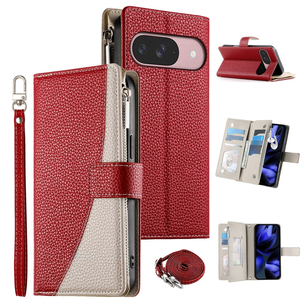 For Google Pixel 11 / Pixel 11 Pro Leather Case Zipper Wallet Color Splicing Flip Phone Cover with Straps