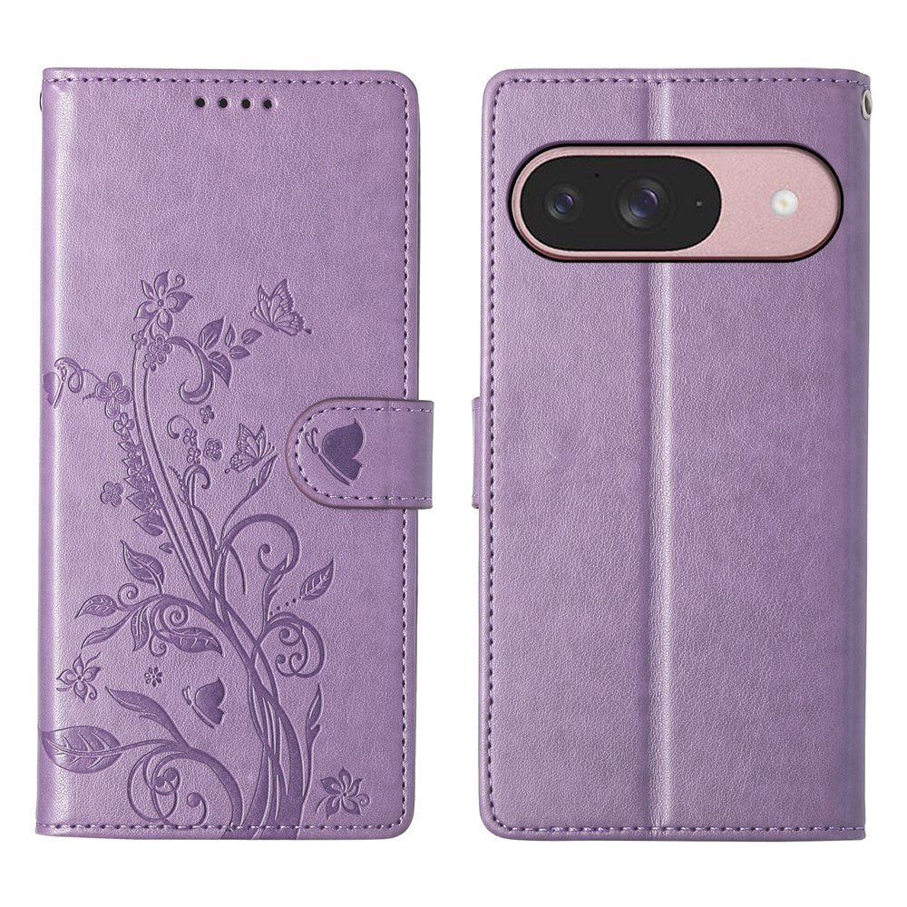 For Google Pixel 11 / Pixel 11 Pro Wallet Case Butterfly Floral Imprint PU Leather Phone Cover with Wrist Strap