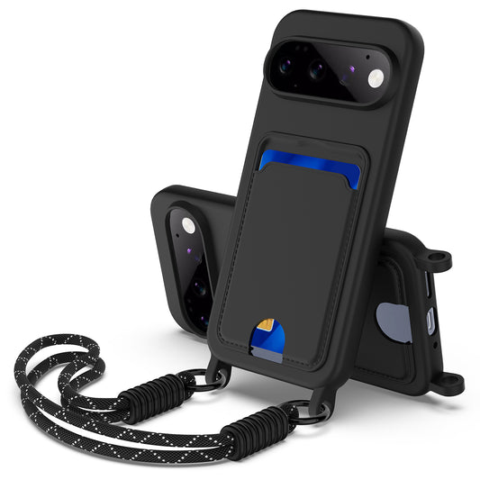 Google Pixel 11 Pro Handyhülle – Flüssige Silikonhülle mit Kartenhalter und kurzem Riemen