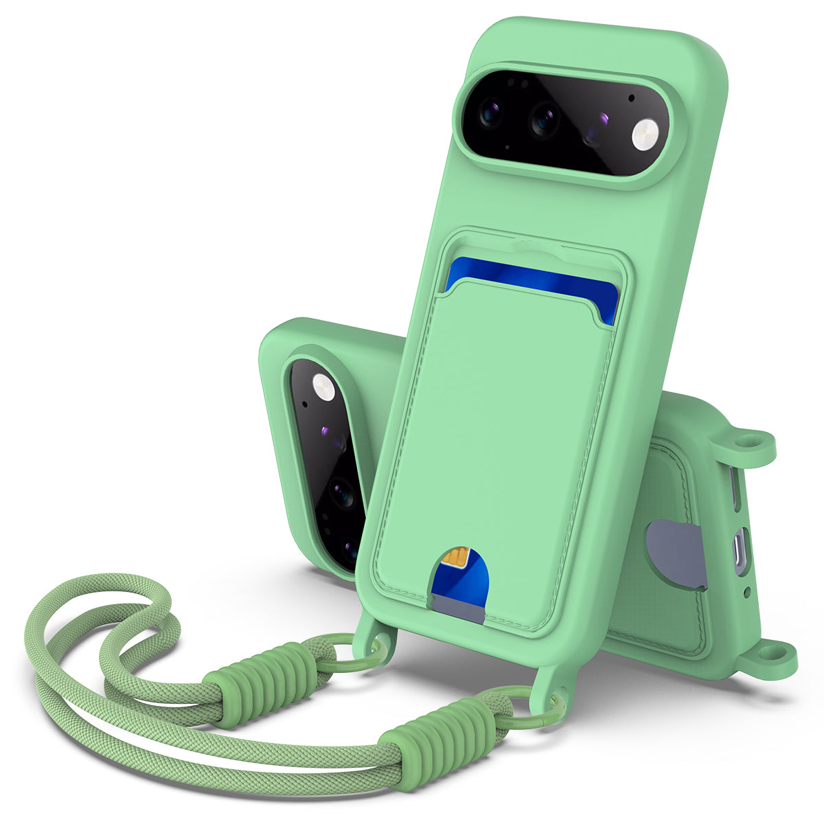 For Google Pixel 11 Pro Liquid Silicone Case Phone Back Cover with Card Holder and Short Strap