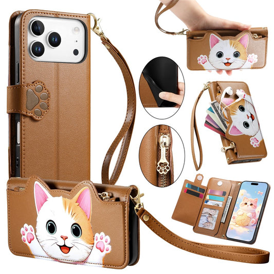 For iPhone 18 Pro Max / 17 Pro Max Leather Case Cartoon Cat Pattern Wallet Stand Phone Cover with Wrist Strap