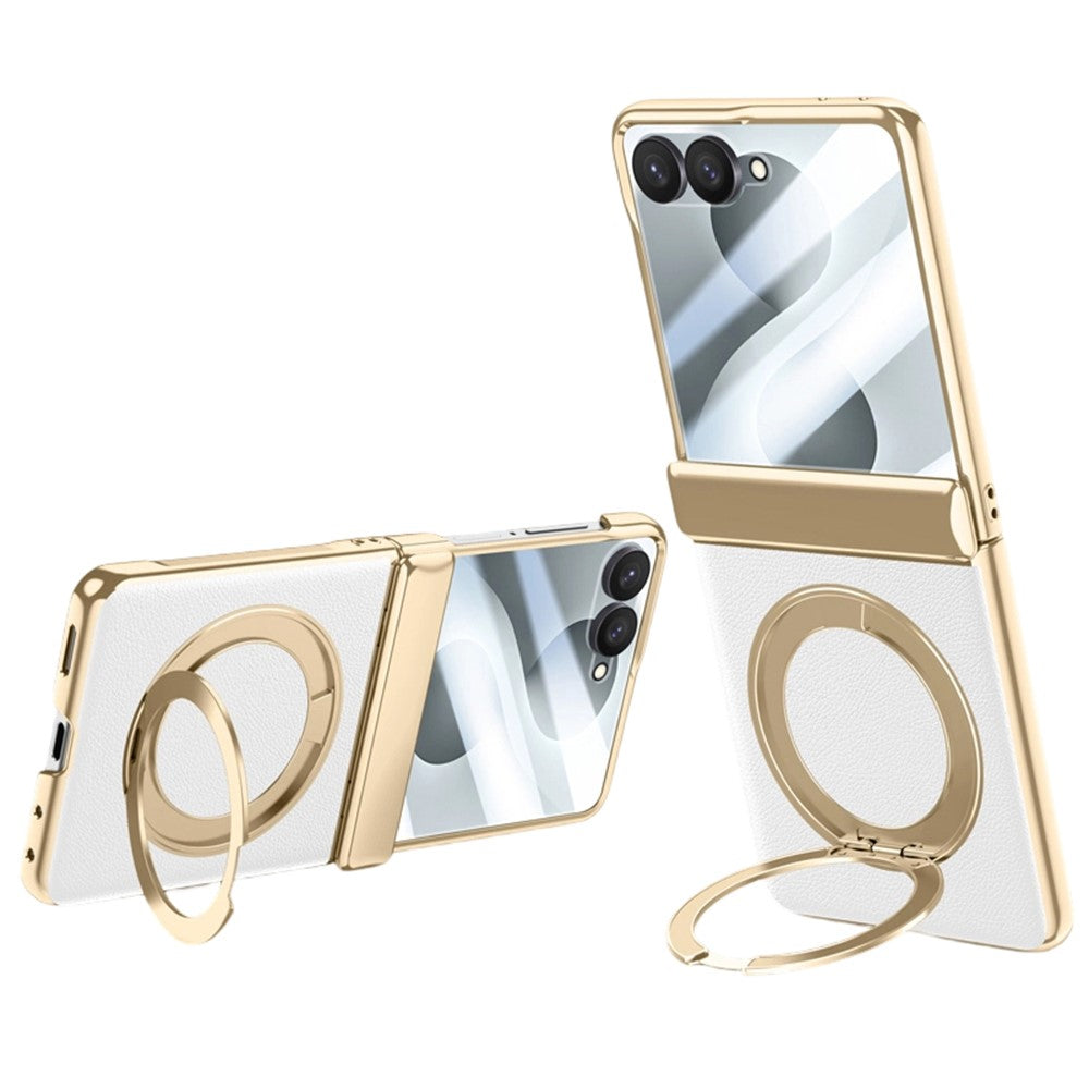 For Samsung Galaxy Z Flip8 Magnetic Case with Tempered Glass 360° Rotatable Metal Ring Kickstand PU Leather + PC + Acrylic Cover