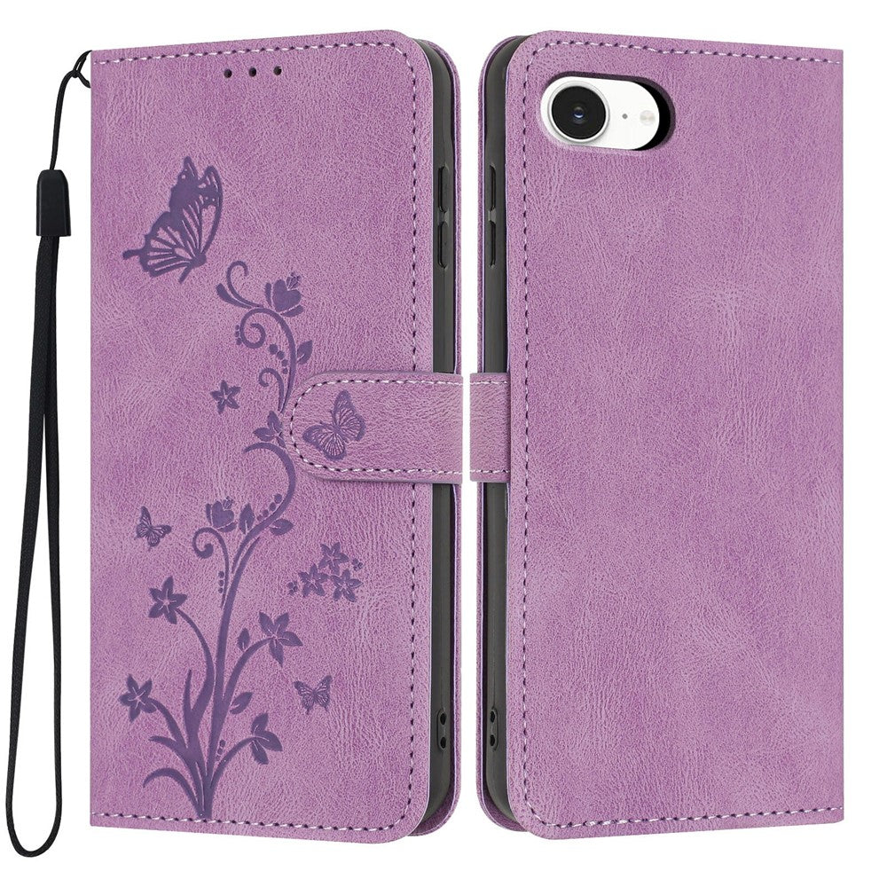 For iPhone 17e / 16e Wallet Case Butterfly Flower Imprint PU Leather Phone Cover with Wrist Strap