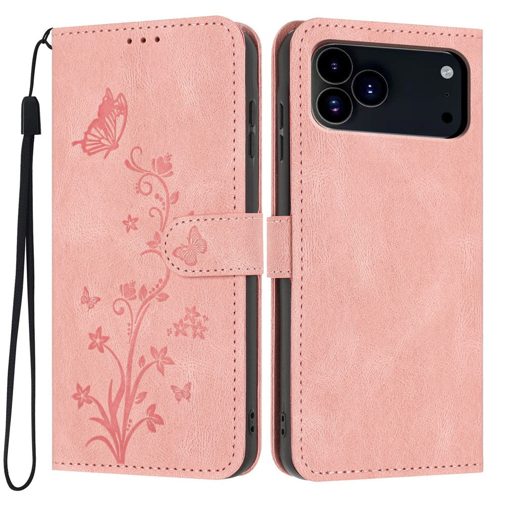 For iPhone 18 Pro Max / 17 Pro Max Wallet Case Butterfly Flower Imprint PU Leather Phone Cover with Wrist Strap