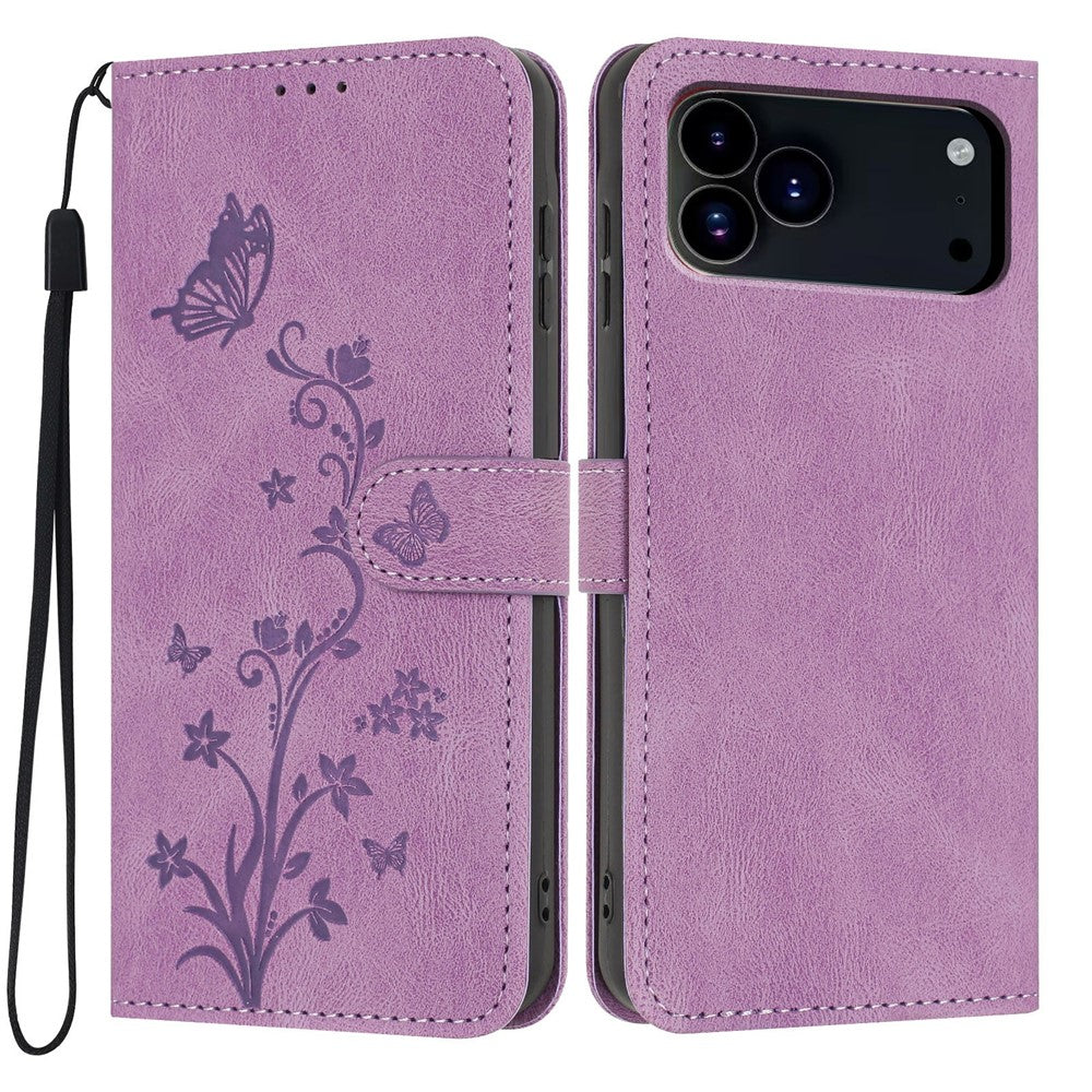 For iPhone 18 Pro / 17 Pro Wallet Case Butterfly Flower Imprint PU Leather Phone Cover with Wrist Strap