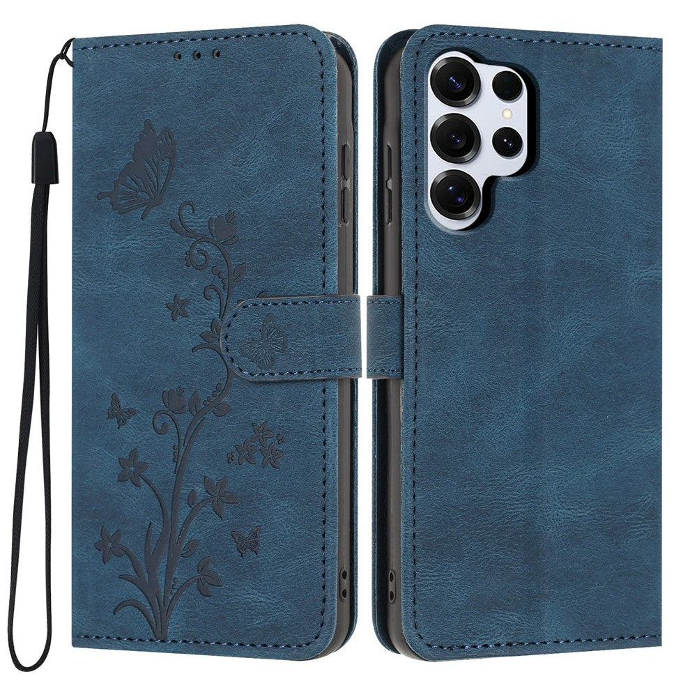 For Samsung Galaxy S26 Ultra Wallet Case Butterfly Flower Imprint PU Leather Phone Cover with Wrist Strap
