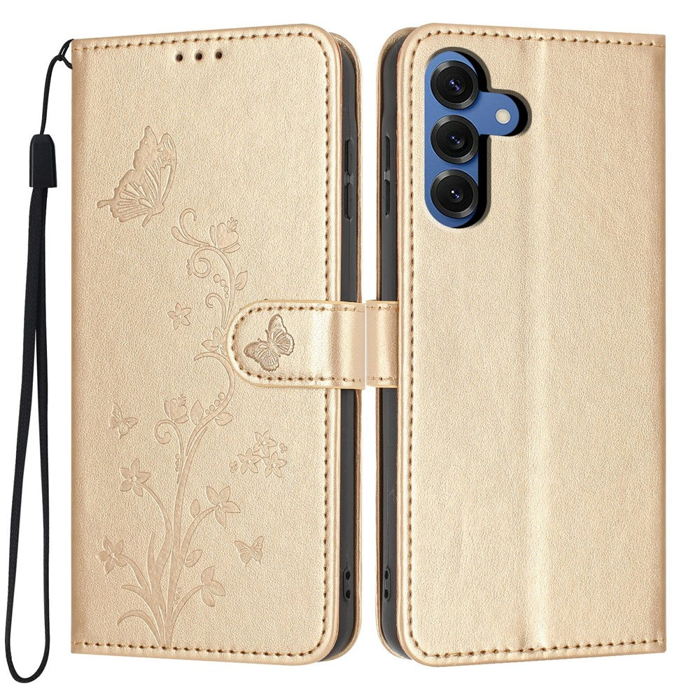 For Samsung Galaxy S26 Wallet Case Butterfly Flower Imprint PU Leather Phone Cover with Wrist Strap