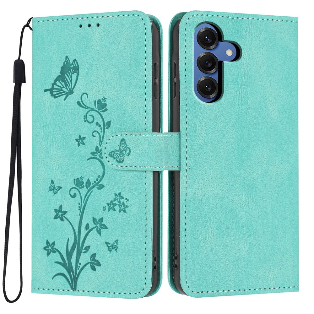 For Samsung Galaxy S26+ Wallet Case Butterfly Flower Imprint PU Leather Phone Cover with Wrist Strap