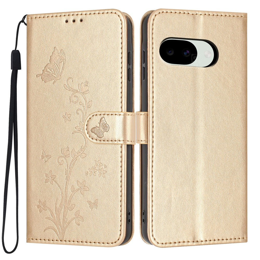 For Google Pixel 10a Wallet Case Butterfly Flower Imprint PU Leather Phone Cover with Wrist Strap